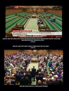 Two images of parliament in session. The top image, with very few MPs in attendance has a caption reading 'Above are MPs debating how disabled people have been affected by welfare reform running peoples lives, 27/02/2014'. The second image shows a busy parliament session with every seat taken and more standing where there aren't seats available, the caption for this image reads 'Below are MPs discussing proposed MP pay rise, 11/07/2013'. At the bottom, separate from both images, an caption reads 'The picture paints a thousand words'.